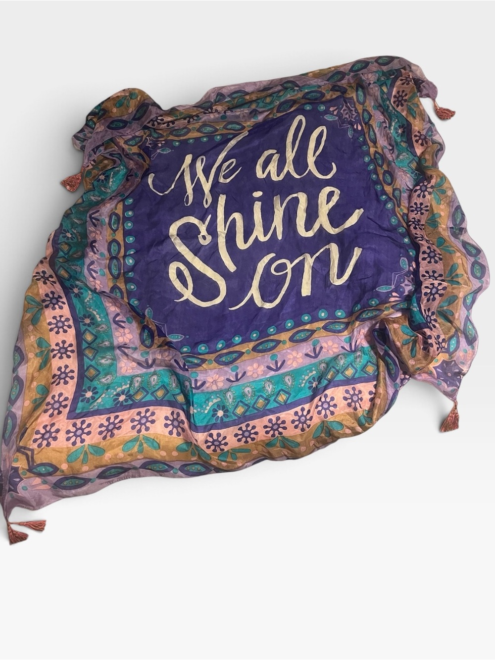 NATURAL LIFE Purple Teal Silk Scarf 'We All Shine On' 50” Square with Tassles